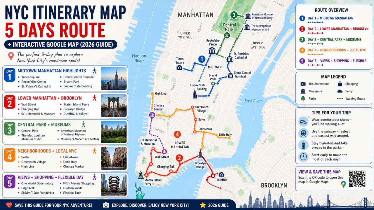 NYC Itinerary Map – 5 Days Route + Interactive Google Map (2026 Guide)